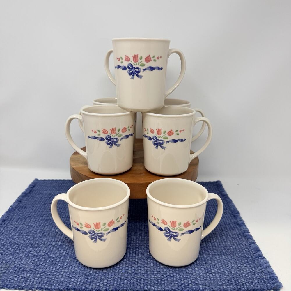 Vintage CORNING Sentimental Ribbons Coffee Tea Cup Tulips Ribbon 3.75" Set of 8